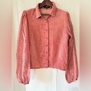Lulus Pink Velvet Sheer Polka dot Button down blouse size Large